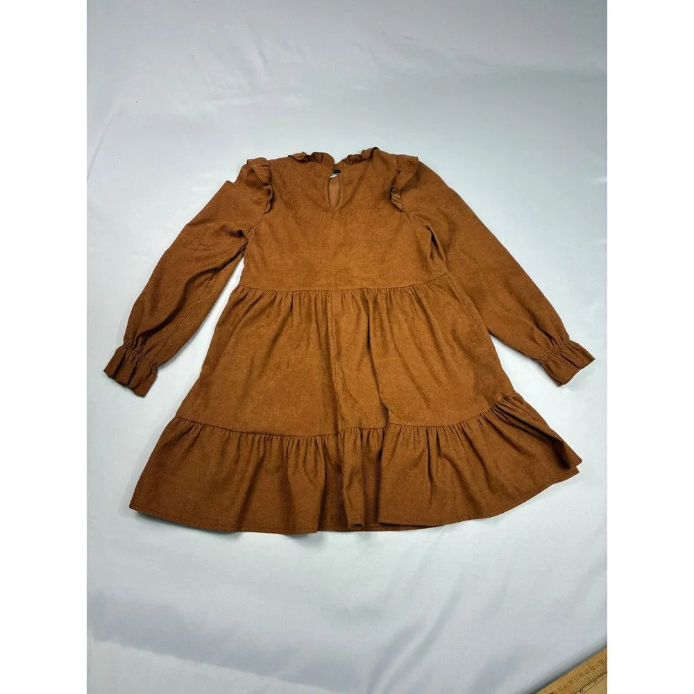 Tiered Babydoll Dress Teen 13Y Rust Brown Ruffle LongSleeve Boho kidcore Prairie